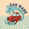 Car wash service retro poster for automatic auto washing station. Vector vintage blue grunge design of modern car and Royalty Free Stock Photo