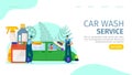 Car wash service, vector illustration. Auto vehicle cleaning, people man character clean up automobile concept, landing