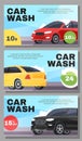 Car wash service. Vehicles cleaning, advertising banners, discount coupons and vouchers, automobile in foam bubbles