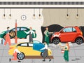 Car wash, tires, repairs, auto mechanic and maintenance service, flat vector illustration. Automobile workshop.