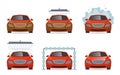 Car wash. Transport automobile water wash service vector collection set