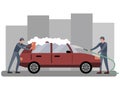Car wash, two employees wash the automobile in red. In minimalist style Cartoon flat raster