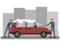 Car wash, two employees wash the automobile in red. In minimalist style Cartoon flat Vector