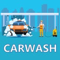 Car Washing Auto center station. Service man worker washing, clean car, foam bubbles. Vector illustration isolated Royalty Free Stock Photo