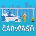 Car Washing Auto center station. Service man worker washing, clean car, foam bubbles. Vector illustration isolated Royalty Free Stock Photo