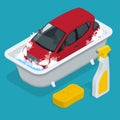 Car Washing. car wash service. Car with Car wash Sign. Flat 3d isometric vector illustration.