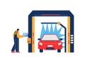 Car washing equipment with service man, flat vector illustration isolated.