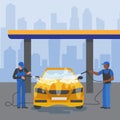 Car washing service city station and process vector illustration flat style. People workers men in uniform washing auto