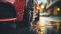 Car wet, A car in the rain the focus is on the tires, Close-up of car tires on wet, AI Generative