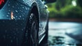 Car wet, A car in the rain the focus is on the tires, Close-up of car tires on wet, AI Generative