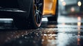 Car wet, A car in the rain the focus is on the tires, Close-up of car tires on wet, AI Generative