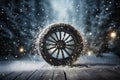 a car wheel on the background of a winter road and a beautiful night landscape, a snow-covered forest with lights, a concept Royalty Free Stock Photo