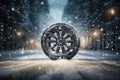 a car wheel on the background of a winter road and a beautiful night landscape, a snow-covered forest with lights, a concept Royalty Free Stock Photo