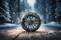 a car wheel on the background of a winter road and a beautiful night landscape, a snow-covered forest with lights, a concept Royalty Free Stock Photo