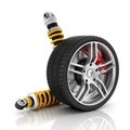 Car wheel with brakes, absorbers, tires and rims Royalty Free Stock Photo