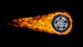 car wheel or circle enveloped in flames isolated on black background.