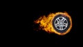 car wheel or circle enveloped in flames isolated on black background.