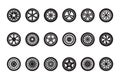 Car wheel collection. Automobile tire silhouettes racing vehicle wheels vector pictures