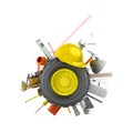 Car wheel with construction tools and materials Royalty Free Stock Photo