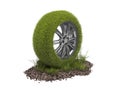 Car wheel covered with green grass isolated on a white background. Creative conceptual illustration of environmentally friendly