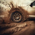the car wheel covered in mud and dirt spin fast generative AI