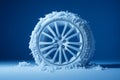 A car wheel covered in snow and ice studio shot against blue, Winter driving and travel