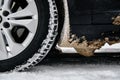 Car wheel with dirty stuck snow. Winter problems for drivers.