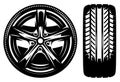 Car wheel, front and side views. Metal disk and rubber tire. Set of vector monochrome illustrations