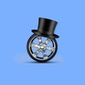 Car wheel and hat cylinder on a blue background.Happy fathers day background. Isolated. Greeting card