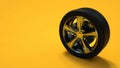 Car wheel isolated on yellow background. Tyre. Poster booklet cover design. 3d illustration