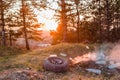 A car wheel next to a bunch of burning junk in the forest