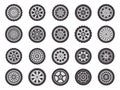 Car wheel rims. Automobile vehicle rubber wheel tires, auto tire tread tracks, auto race rubber wheels tires vector