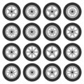 Car wheel rims with tires set. Automobile and other vehicle spare parts cast, steel, light alloy and aluminum wheels