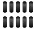 Car wheel tires of different tread marks types set isolated on white background. Rubber tires for summer and winter Royalty Free Stock Photo