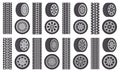 Car wheel tires. Track traces, automobile wheel rims, auto vehicle tread tracks. Rubber wheel tires isolated symbols