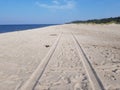 Car wheel tracks on a sandy beach Royalty Free Stock Photo