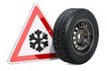 Car wheel with winter studded snow tire and beware of ice or snow, road sign. 3D rendering