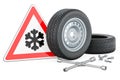 Car wheel with winter studded snow tire with cross wrench and beware of ice or snow, road sign. 3D rendering Royalty Free Stock Photo