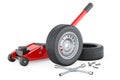 Car wheel with winter studded snow tire with cross wrench and hydraulic floor jack. Tire fitting concept. 3D rendering