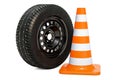 Car wheel with winter studded snow tire and traffic cone. 3D rendering