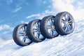 Car wheels in row on a snowy mountain slope 3D Royalty Free Stock Photo