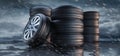 Three stacks of car wheels and tires in the rain Royalty Free Stock Photo