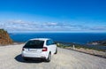 A car of white color,in the mountains near the coast of the Costa Brava of the Mediterranean Sea in Spain, Catalonia Royalty Free Stock Photo