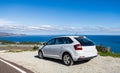 A car of white color,in the mountains near the coast of the Costa Brava of the Mediterranean Sea in Spain, Catalonia Royalty Free Stock Photo