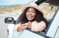 Car, window and road trip portrait of black woman relax on Australia countryside journey for holiday vacation or outdoor Royalty Free Stock Photo