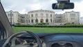 Car windshield with view of the Norwegian Parliament, Oslo, Norw