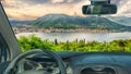 Car windshield with view of Salo town, Lake Garda, Italy