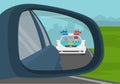 Police chasing criminal in a car on the highway. Close up view of a wing mirror. Flat vector illustration.