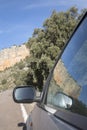 Car Wing Mirror on Road in Canyon Landscape; Nuevalos, Aragon