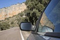 Car Wing Mirror on Road in Canyon Landscape; Nuevalos, Aragon